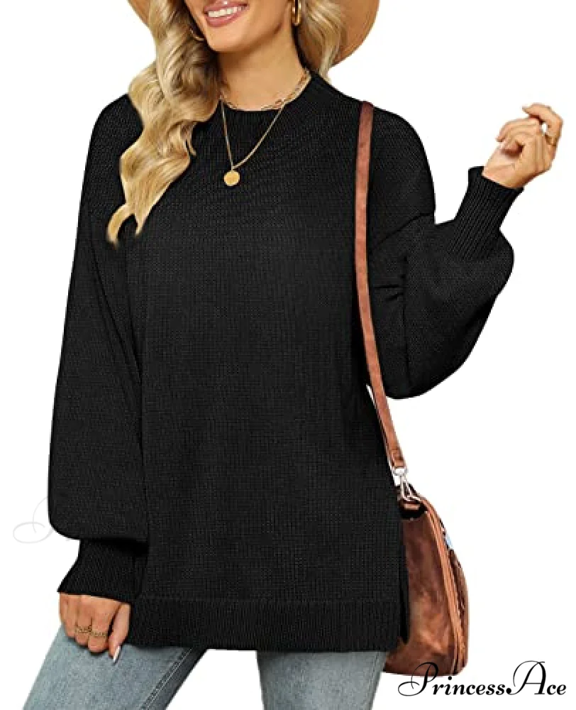 Women's Crew Neck Lantern Sleeves Side Slit Ribbed Sweater - Image 6