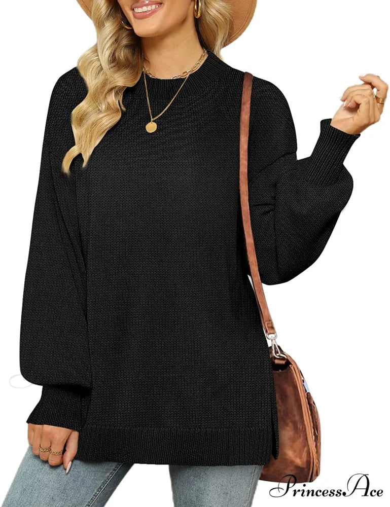 Women's Crew Neck Lantern Sleeves Side Slit Ribbed Sweater - Image 7