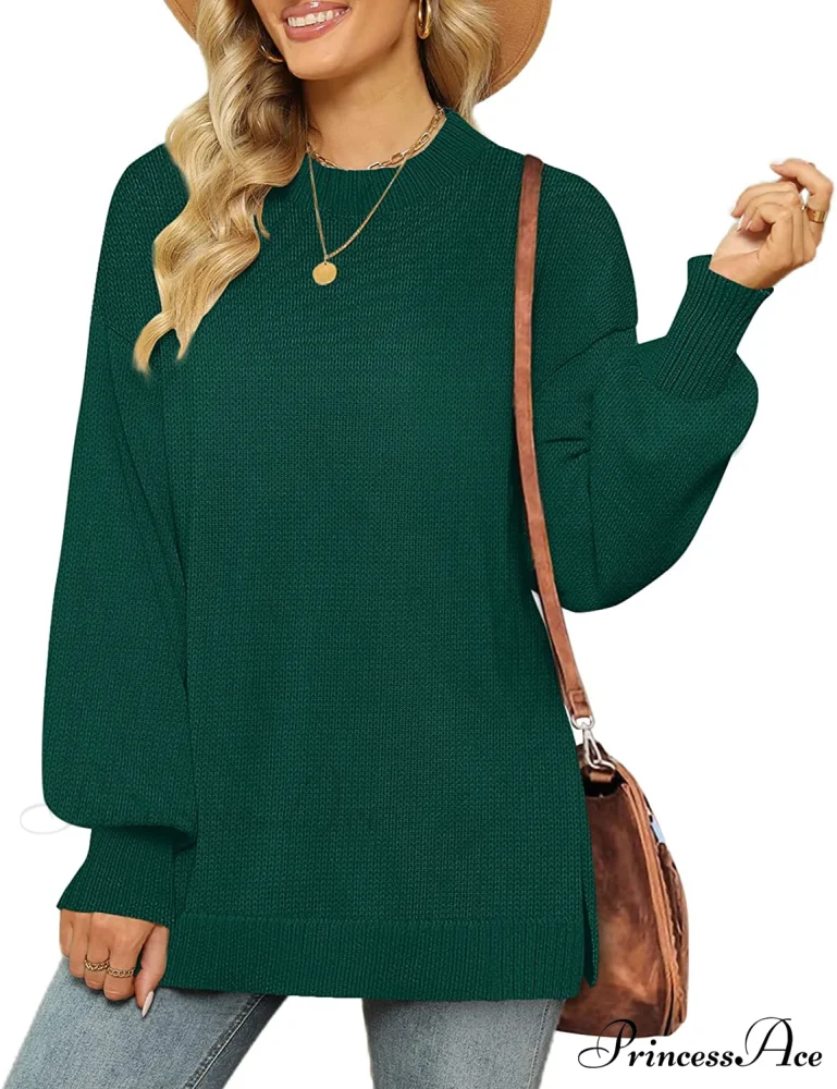 Women's Crew Neck Lantern Sleeves Side Slit Ribbed Sweater - Image 8