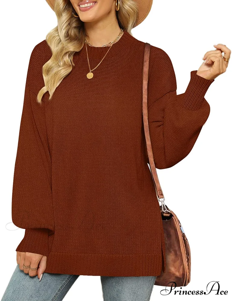 Women's Crew Neck Lantern Sleeves Side Slit Ribbed Sweater - Image 9