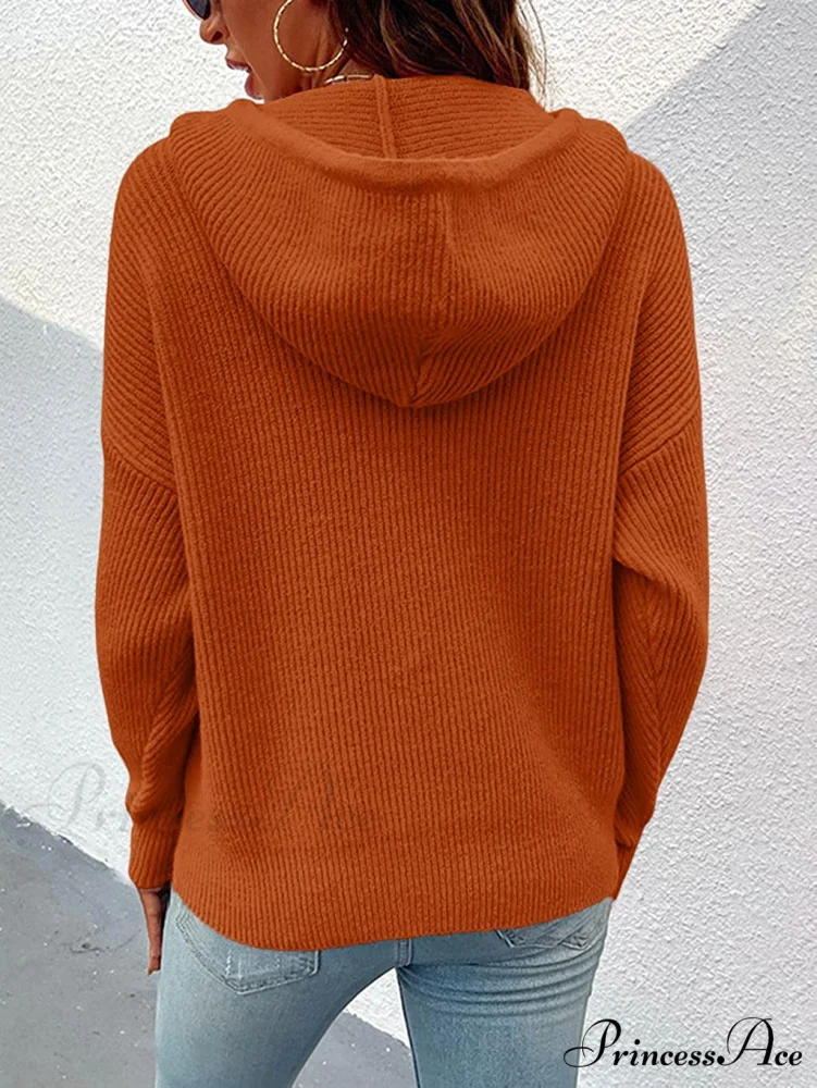 Women's Rib-Knit Hooded Sweaters Cozy Drawstring Pullover - Image 3
