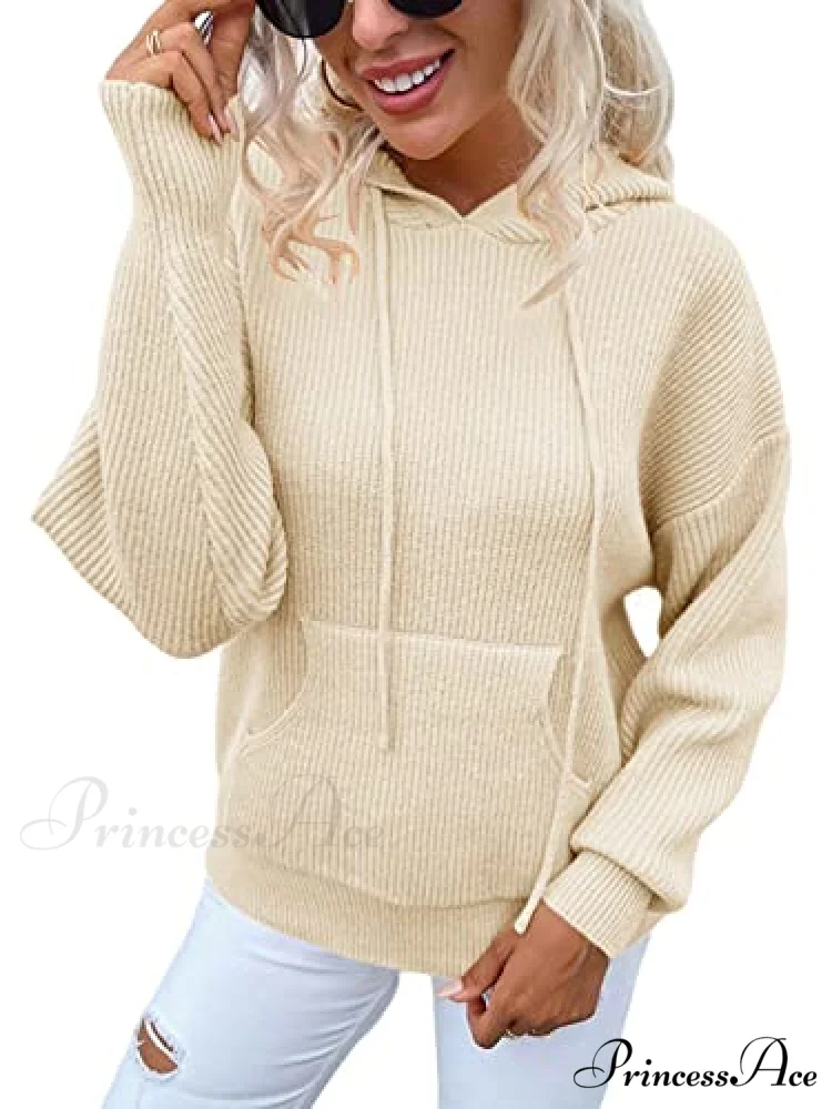 Women's Rib-Knit Hooded Sweaters Cozy Drawstring Pullover - Image 5