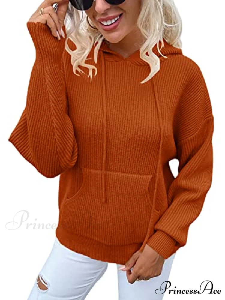 Women's Rib-Knit Hooded Sweaters Cozy Drawstring Pullover - Image 6