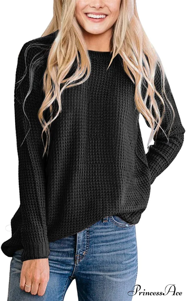 Women's Long Sleeve Waffle Knit Crew Neck Solid Color Sweater - Image 11