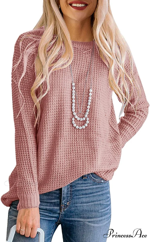 Women's Long Sleeve Waffle Knit Crew Neck Solid Color Sweater - Image 12