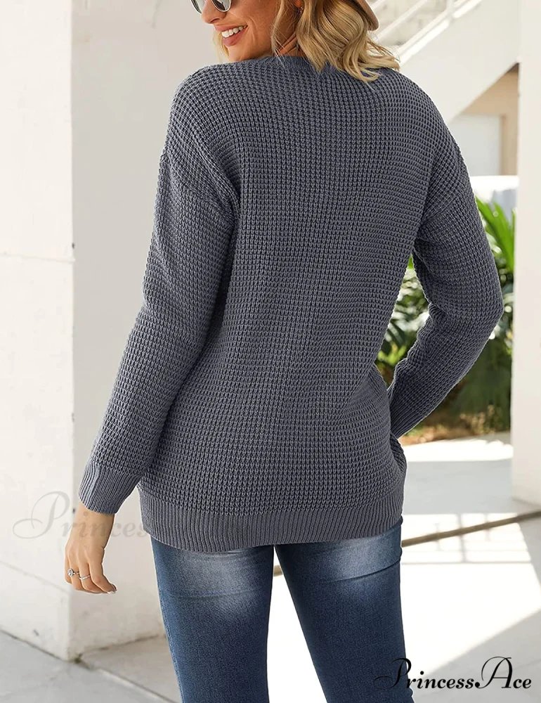 Women's Long Sleeve Waffle Knit Crew Neck Solid Color Sweater - Image 5