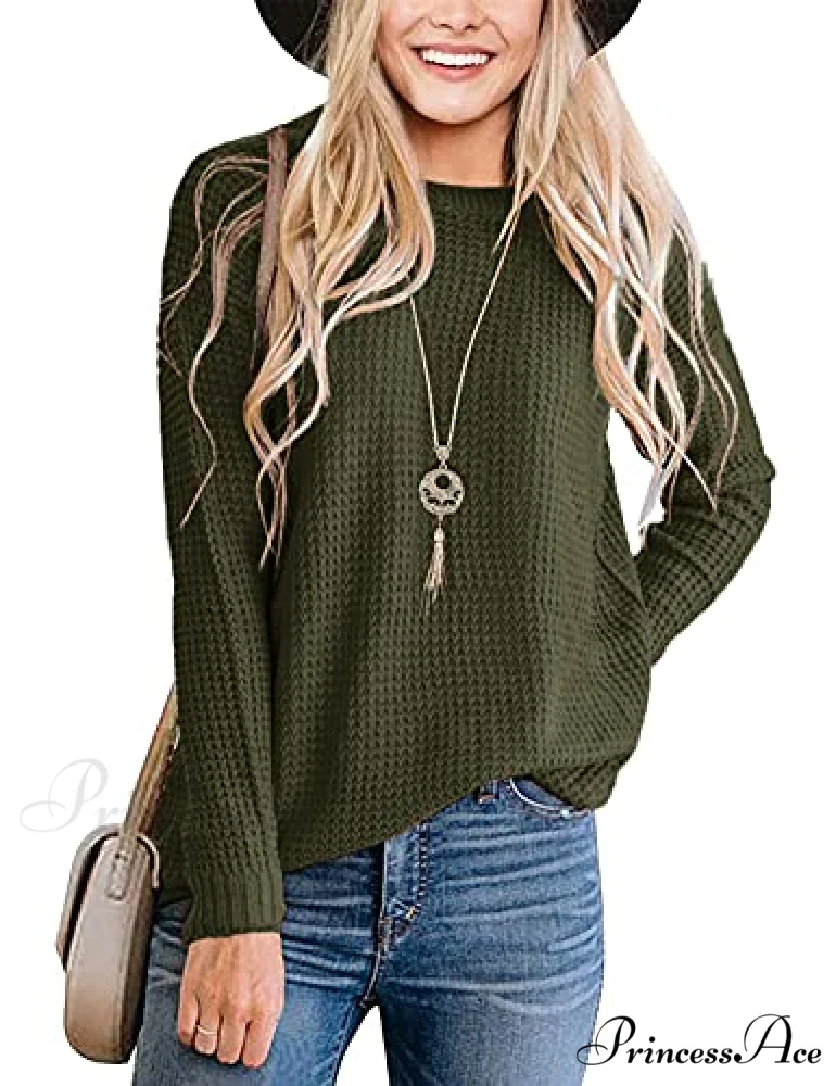 Women's Long Sleeve Waffle Knit Crew Neck Solid Color Sweater - Image 6