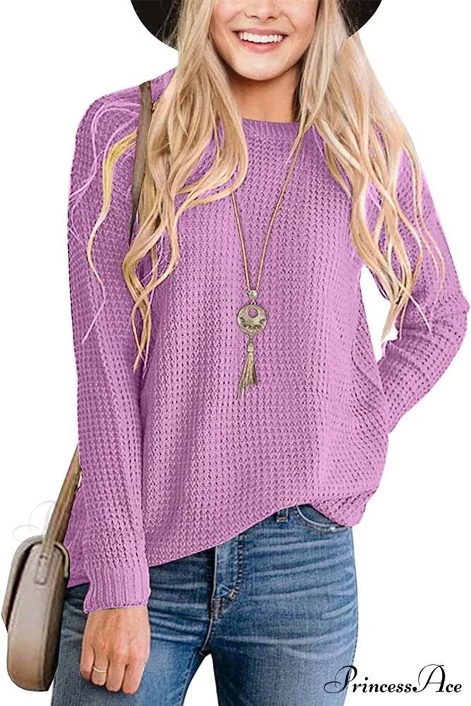 Women's Long Sleeve Waffle Knit Crew Neck Solid Color Sweater - Image 7