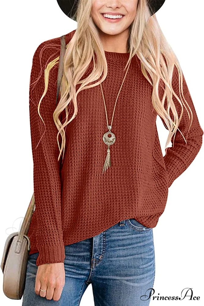 Women's Long Sleeve Waffle Knit Crew Neck Solid Color Sweater - Image 8