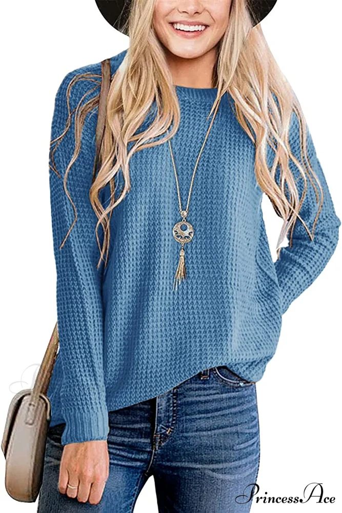 Women's Long Sleeve Waffle Knit Crew Neck Solid Color Sweater - Image 9