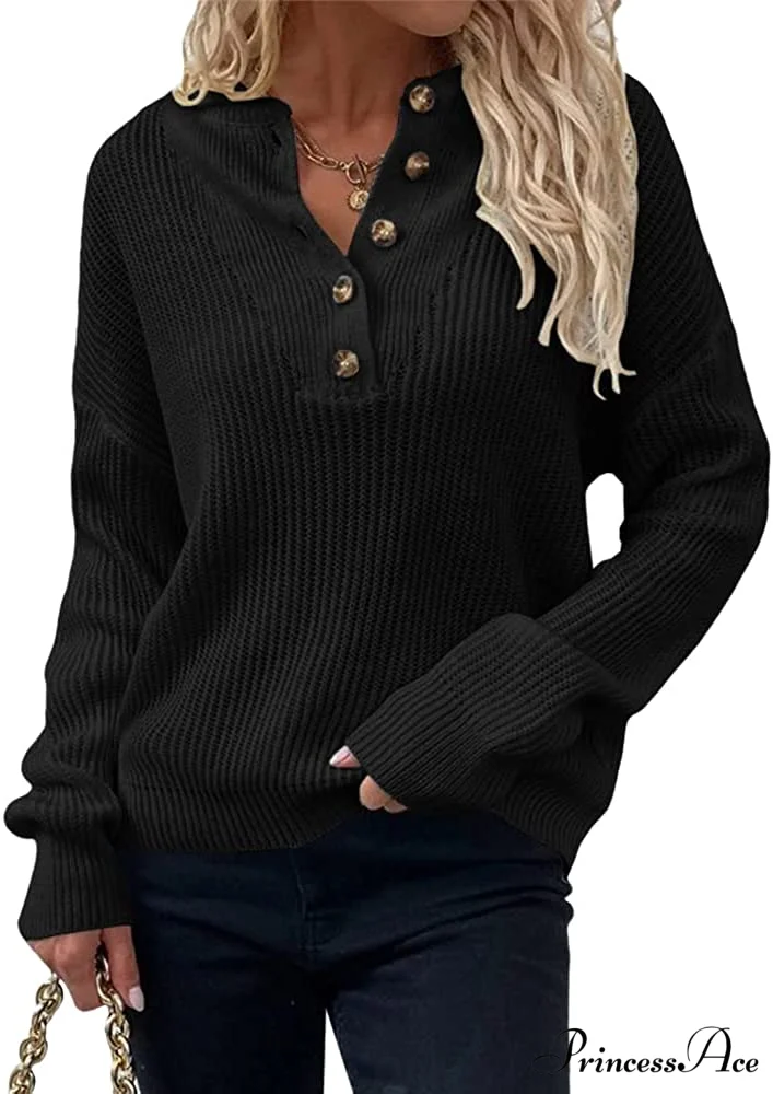 Women's Loose Button V Neck Long Sleeve Sweater - Image 10