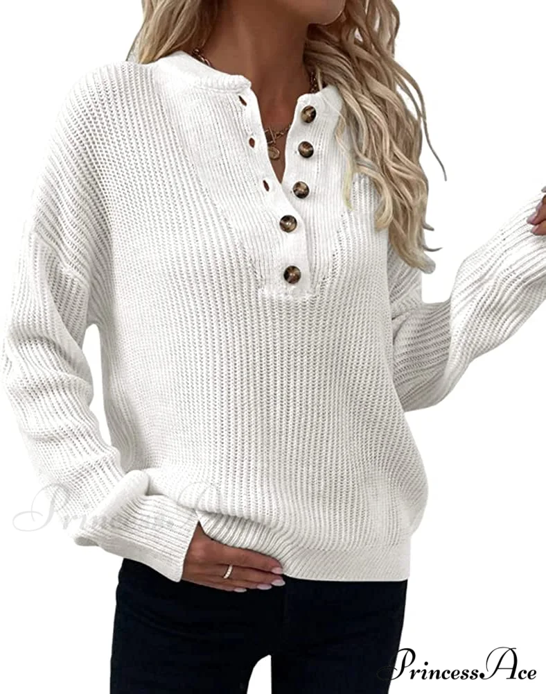 Women's Loose Button V Neck Long Sleeve Sweater - Image 3