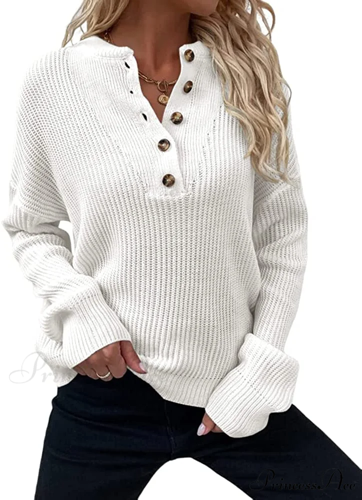 Women's Loose Button V Neck Long Sleeve Sweater - Image 4