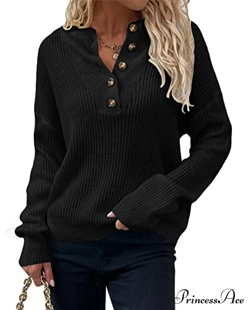 Women's Loose Button V Neck Long Sleeve Sweater - Image 5