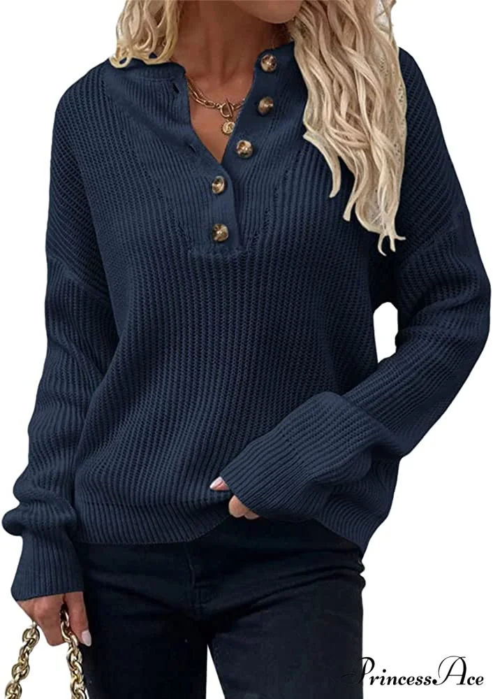 Women's Loose Button V Neck Long Sleeve Sweater - Image 6