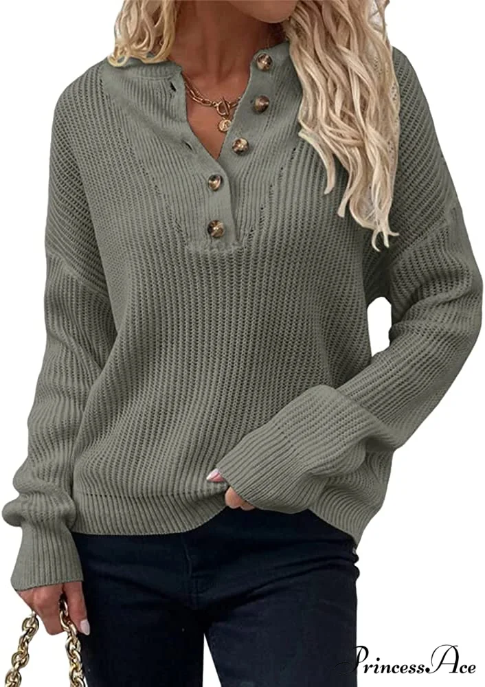 Women's Loose Button V Neck Long Sleeve Sweater - Image 7