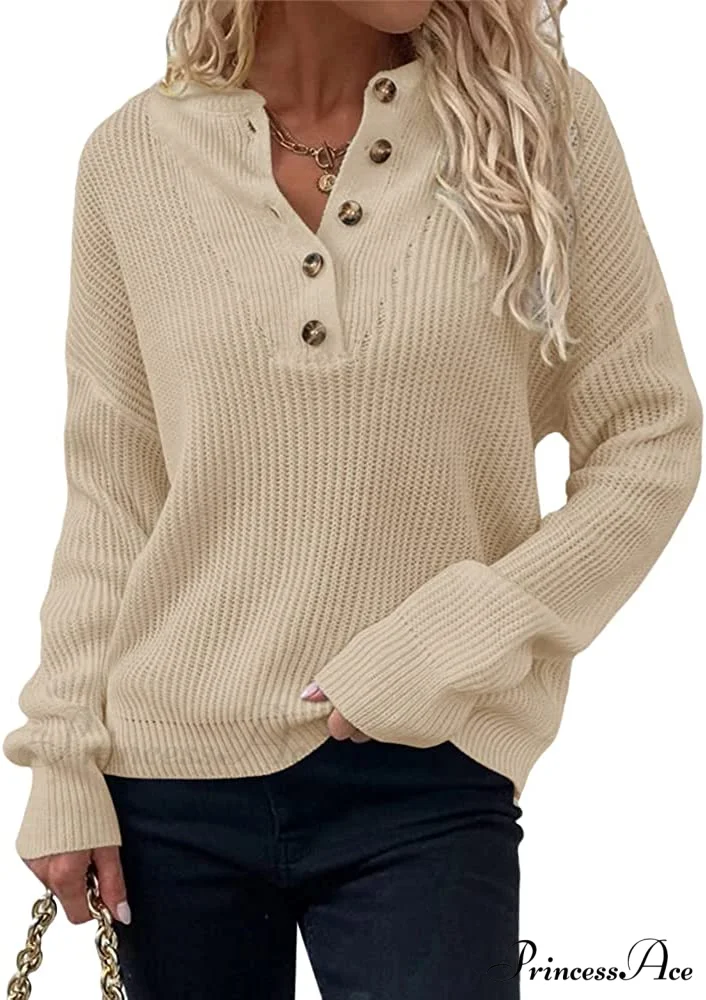 Women's Loose Button V Neck Long Sleeve Sweater - Image 8