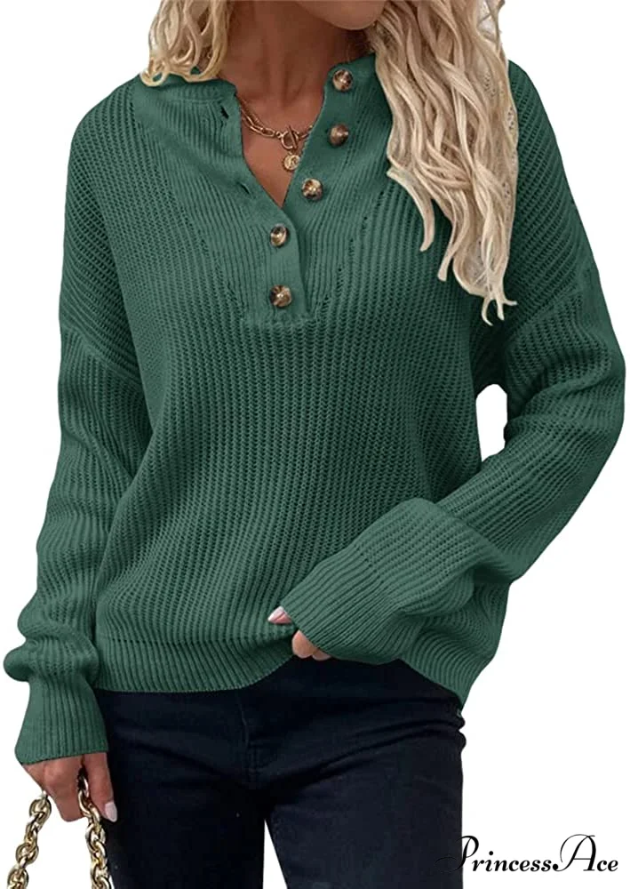 Women's Loose Button V Neck Long Sleeve Sweater - Image 9