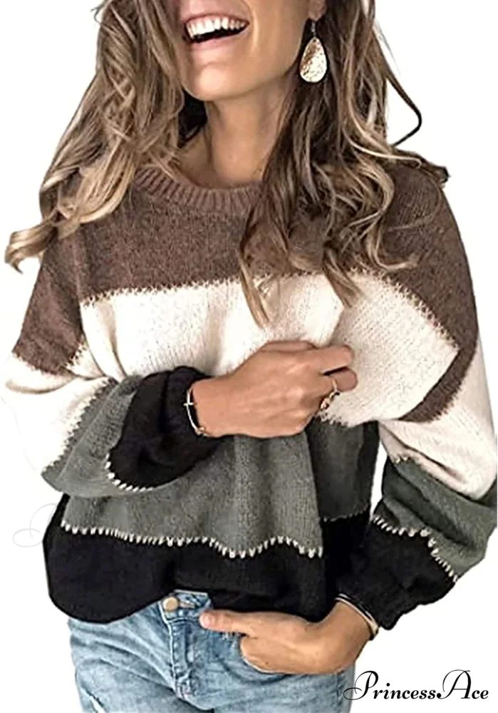 Women's Stripe Sweaters Color Block Long Sleeve Pullover - Image 11
