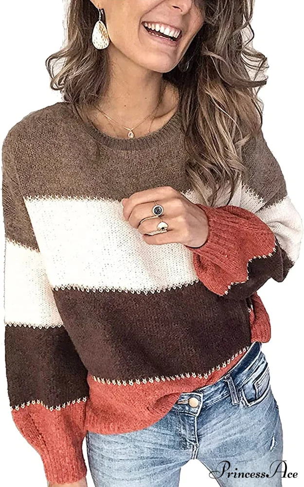 Women's Stripe Sweaters Color Block Long Sleeve Pullover - Image 12