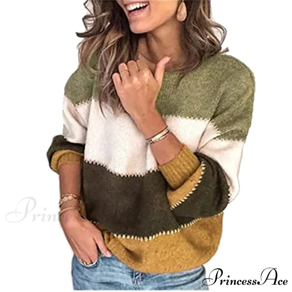 Women's Stripe Sweaters Color Block Long Sleeve Pullover - Image 3