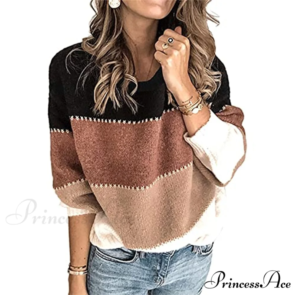 Women's Stripe Sweaters Color Block Long Sleeve Pullover - Image 4