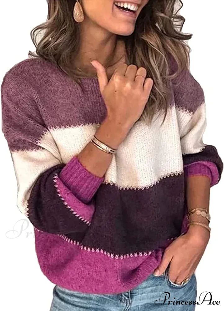 Women's Stripe Sweaters Color Block Long Sleeve Pullover - Image 7
