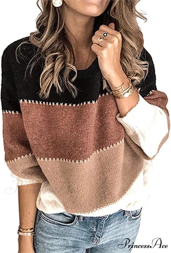 Women's Stripe Sweaters Color Block Long Sleeve Pullover - Image 8