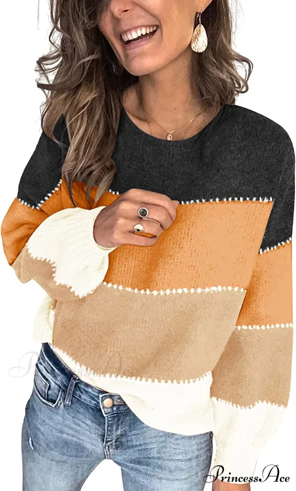 Women's Stripe Sweaters Color Block Long Sleeve Pullover - Image 9