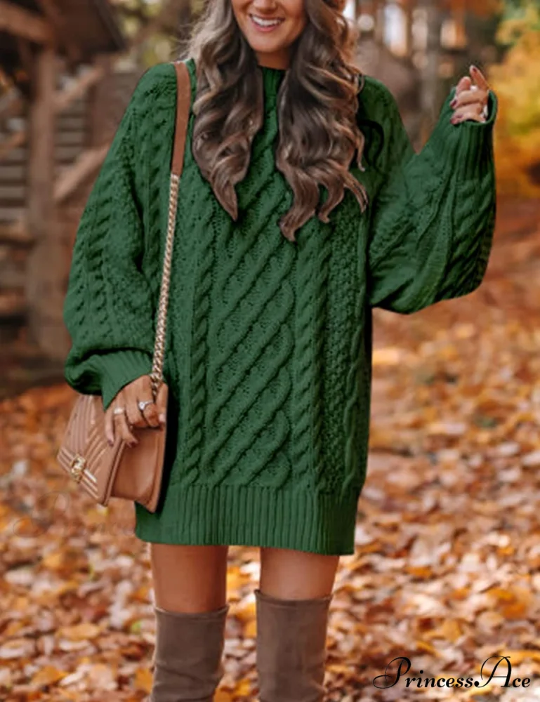 Women's Crewneck Long Sleeve Cable Knit Sweater Dress - Image 3