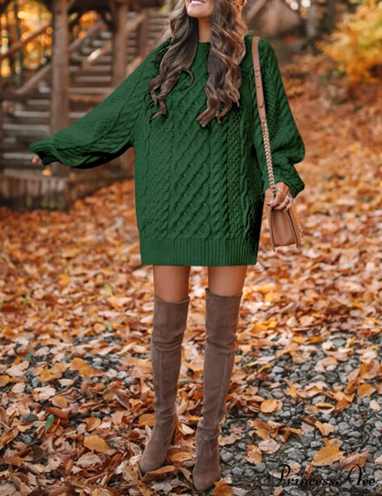 Women's Crewneck Long Sleeve Cable Knit Sweater Dress - Image 4
