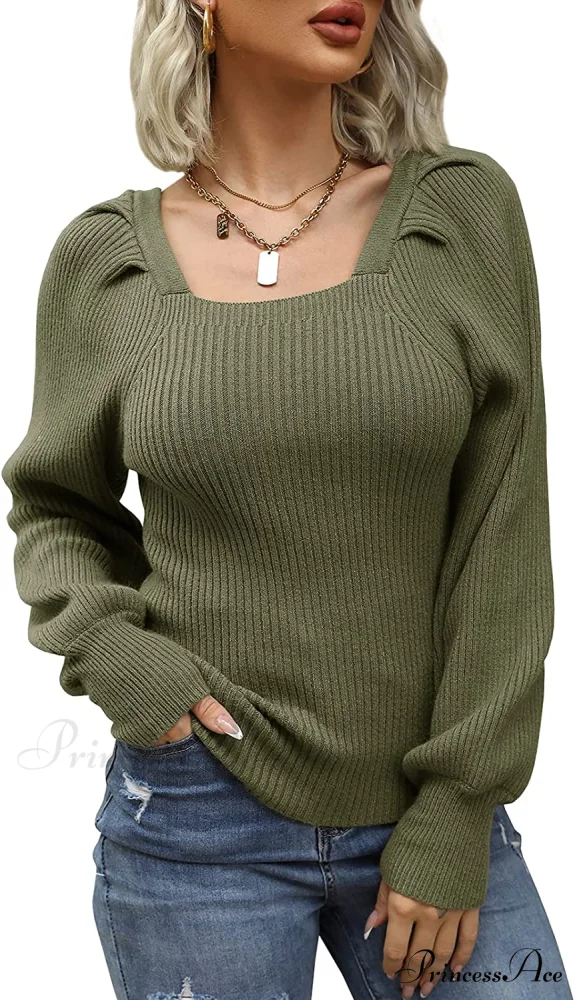 Women's Square Neck Long Lantern Sleeve Sweater - Image 3