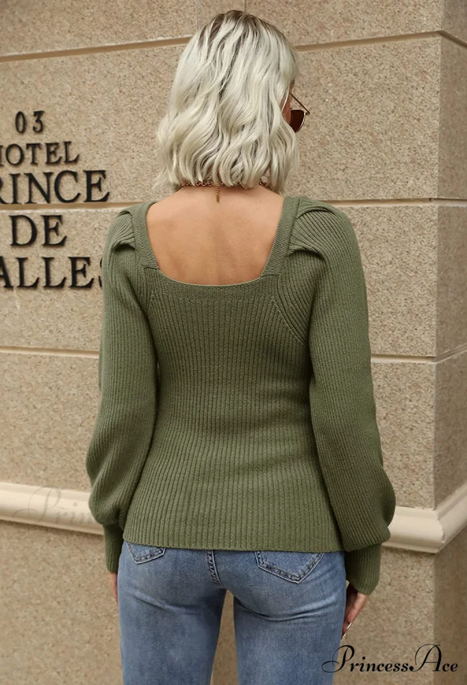 Women's Square Neck Long Lantern Sleeve Sweater - Image 4
