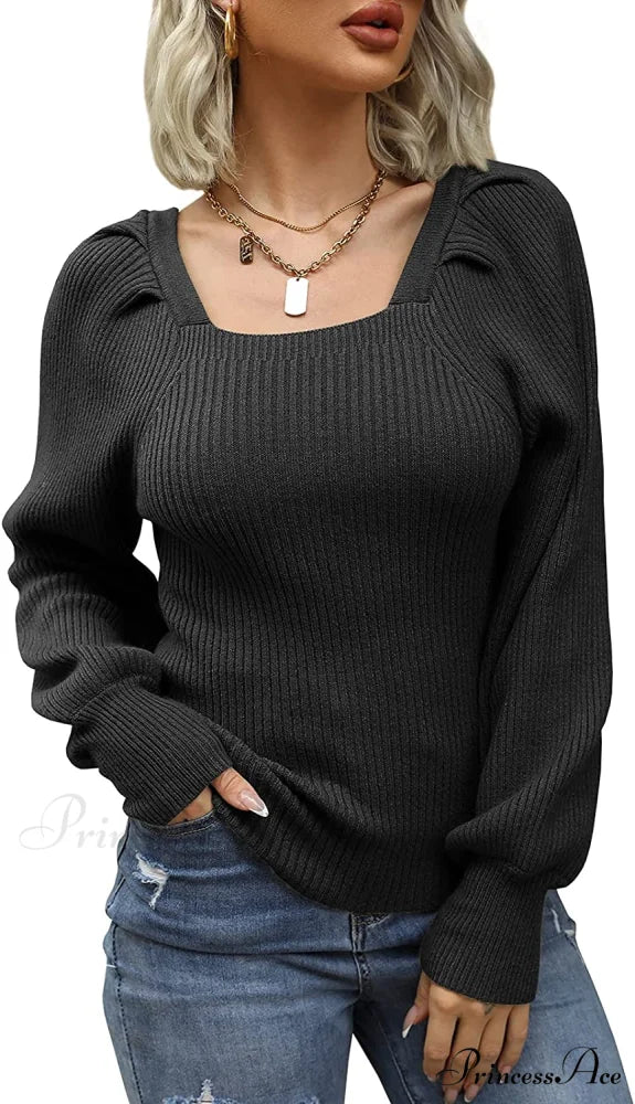 Women's Square Neck Long Lantern Sleeve Sweater - Image 9