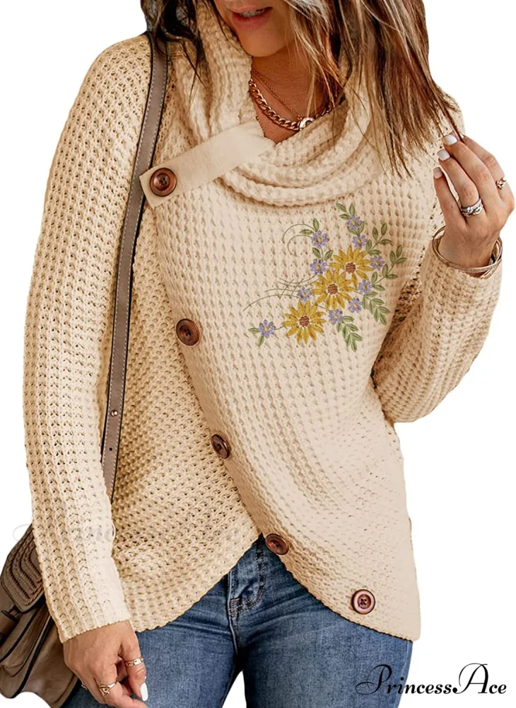 Womens Button Cowl Neck Long Sleeve Asymmetric Wrap Sweater - Image 10