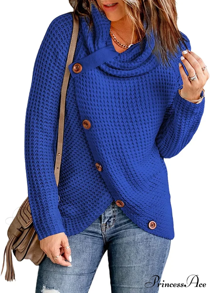 Womens Button Cowl Neck Long Sleeve Asymmetric Wrap Sweater - Image 12