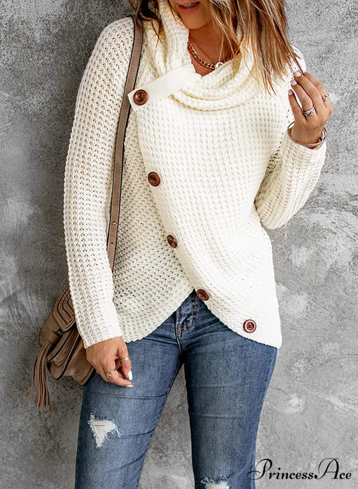 Womens Button Cowl Neck Long Sleeve Asymmetric Wrap Sweater - Image 3