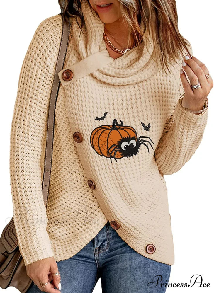 Womens Button Cowl Neck Long Sleeve Asymmetric Wrap Sweater - Image 7