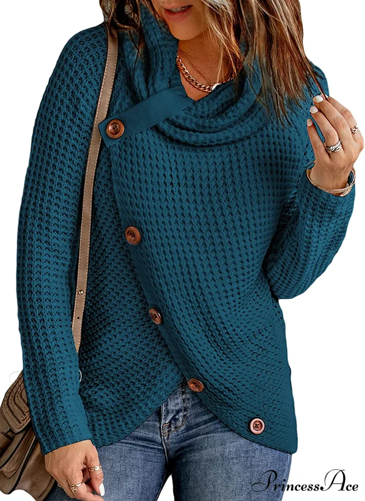 Womens Button Cowl Neck Long Sleeve Asymmetric Wrap Sweater - Image 9