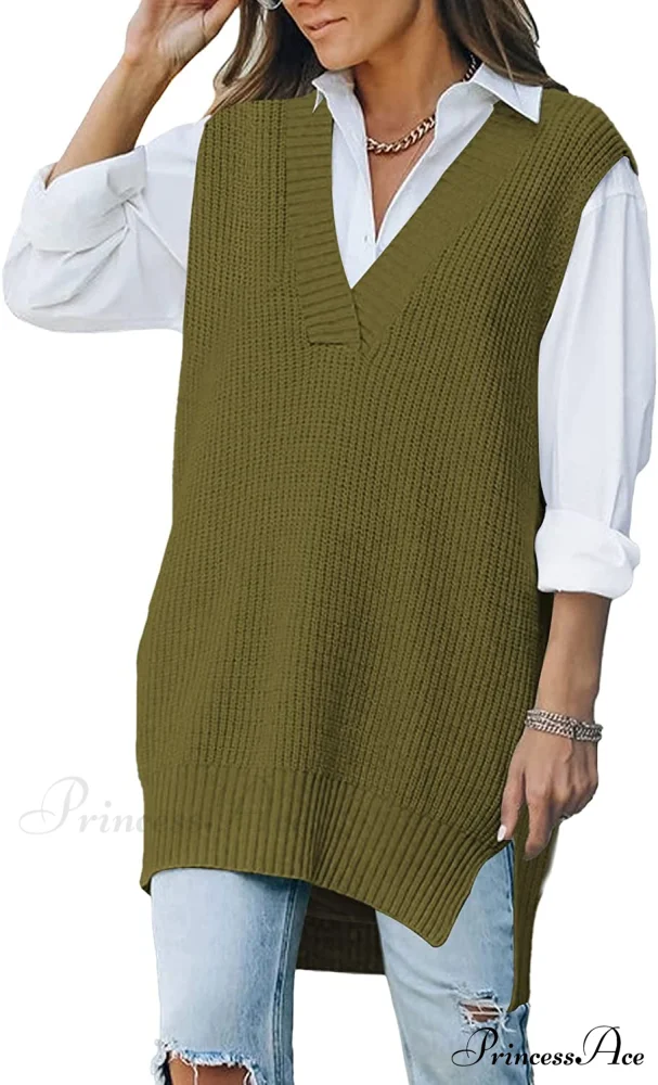 Women's Oversized V Neck Knit Sweater Vest Tunic Sleeveless Pullover Top - Image 10