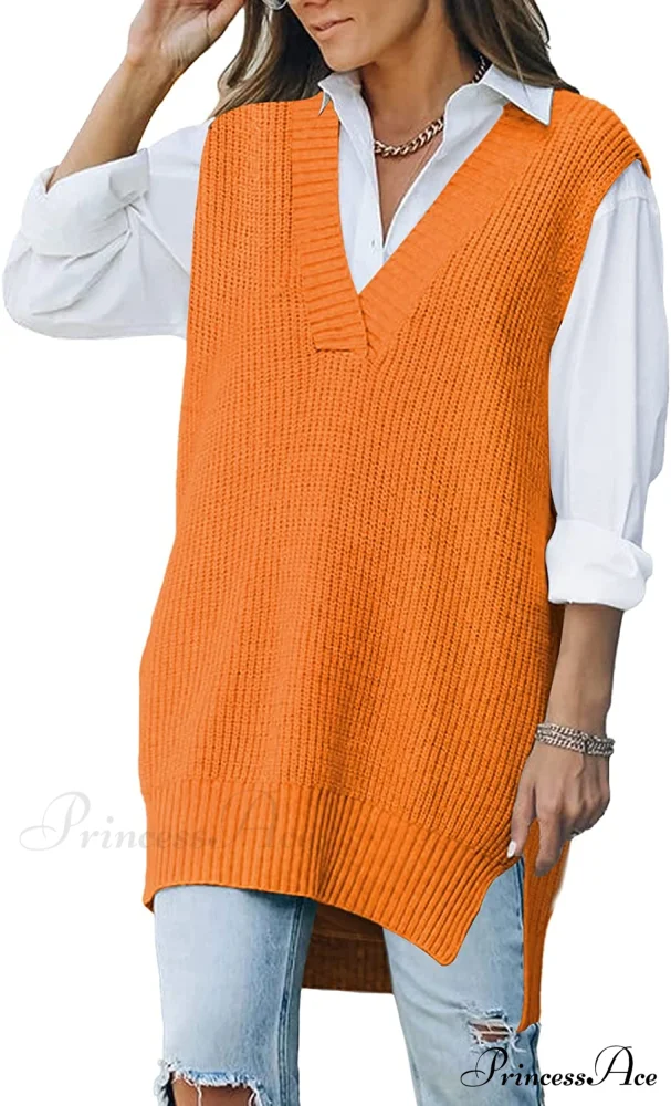 Women's Oversized V Neck Knit Sweater Vest Tunic Sleeveless Pullover Top - Image 12