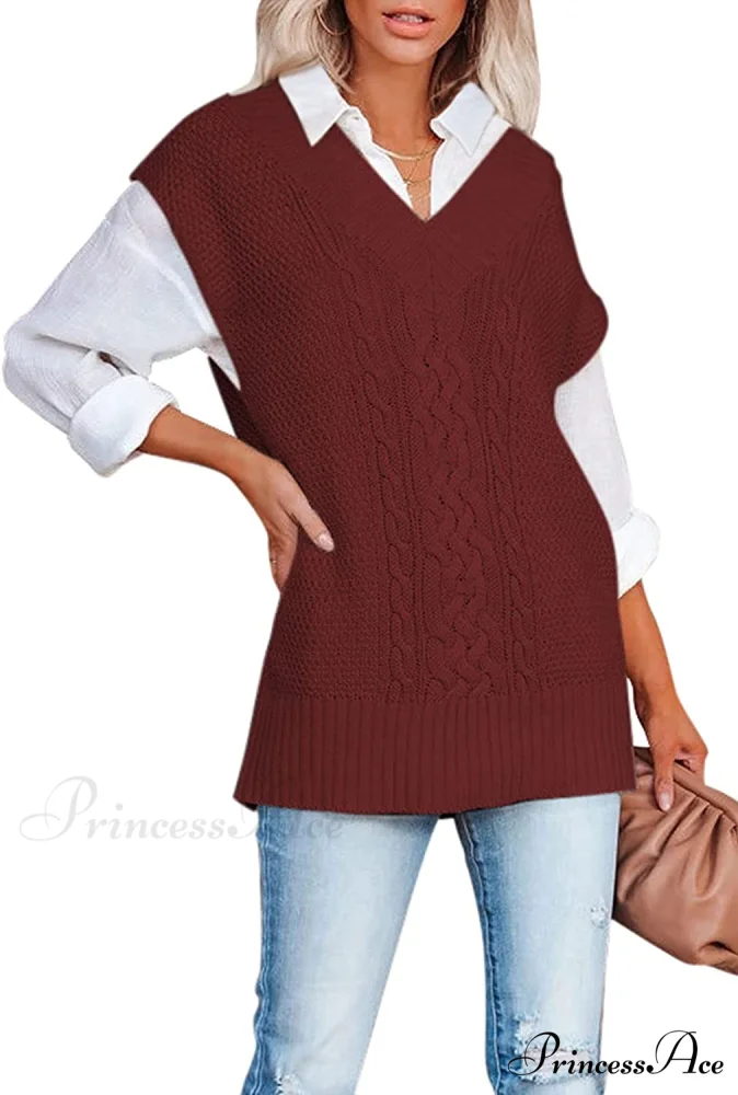 Women's Oversized V Neck Knit Sweater Vest Tunic Sleeveless Pullover Top - Image 13