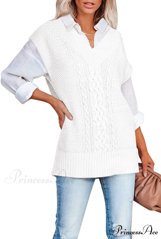 Women's Oversized V Neck Knit Sweater Vest Tunic Sleeveless Pullover Top - Image 14