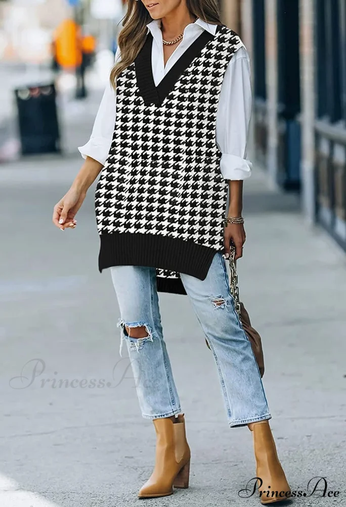 Women's Oversized V Neck Knit Sweater Vest Tunic Sleeveless Pullover Top - Image 3