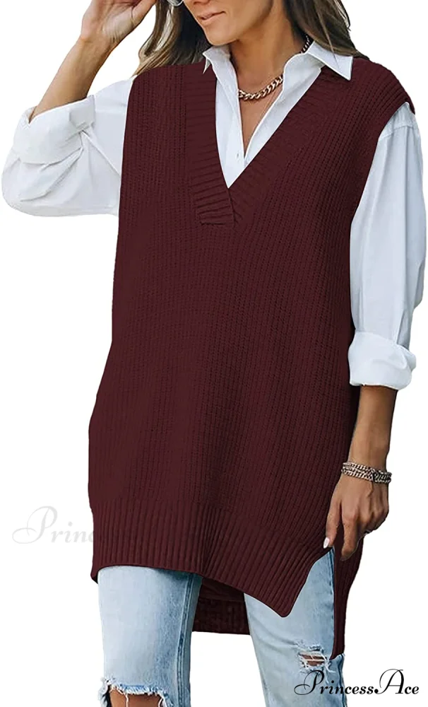 Women's Oversized V Neck Knit Sweater Vest Tunic Sleeveless Pullover Top - Image 9