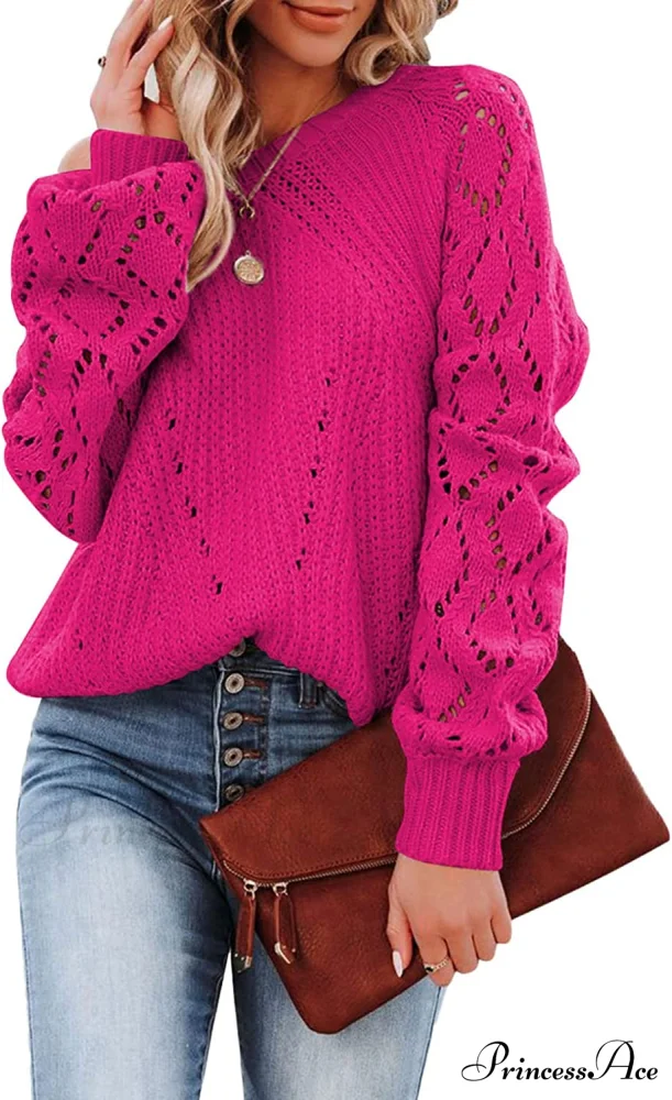 Women's Casual Long Sleeve Crewneck Crochet Sweater - Image 11