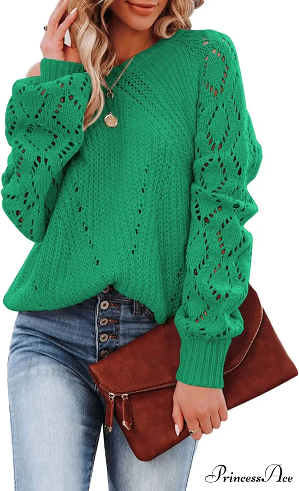 Women's Casual Long Sleeve Crewneck Crochet Sweater - Image 12