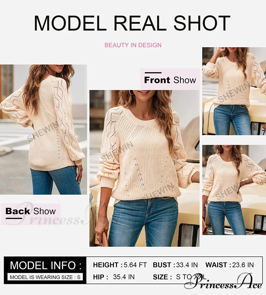 Women's Casual Long Sleeve Crewneck Crochet Sweater - Image 3