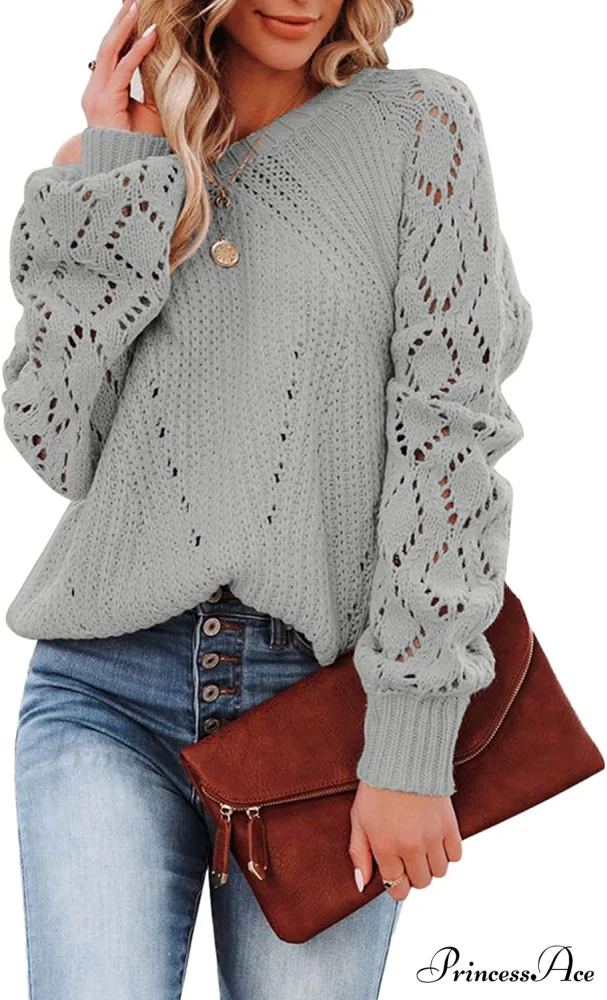 Women's Casual Long Sleeve Crewneck Crochet Sweater - Image 6