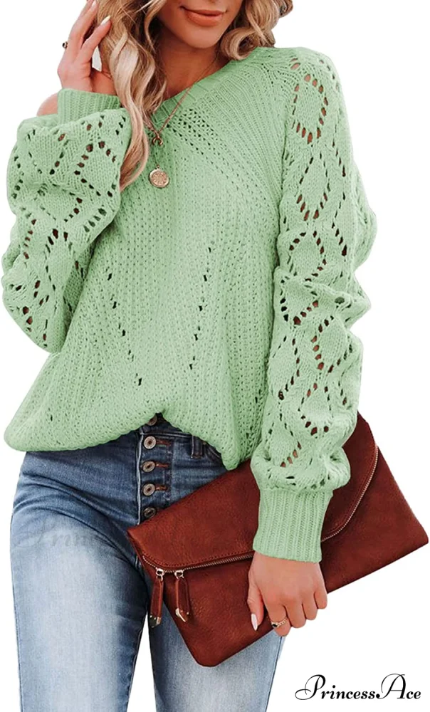 Women's Casual Long Sleeve Crewneck Crochet Sweater - Image 7